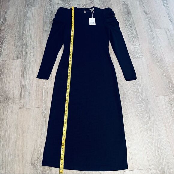 Walter Baker Dress Midi Long Sleeve Navy Blue Gathered Shoulder Puff Stretch M - Picture 7 of 16